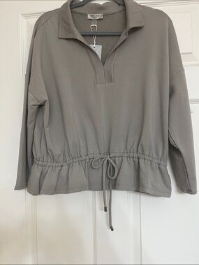 Cable & Gauge Olive Gray Drawstring Peplum Pullover Sweatshirt